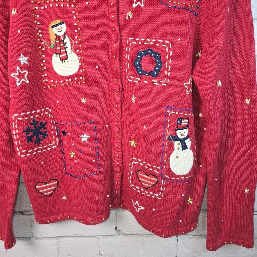 VINTAGE ERIKA CHRISTMAS CARDIGAN RED SNOWMEN CHRISTMAS TREE GINGERBREAD WOMENS M - Picture 3 of 8